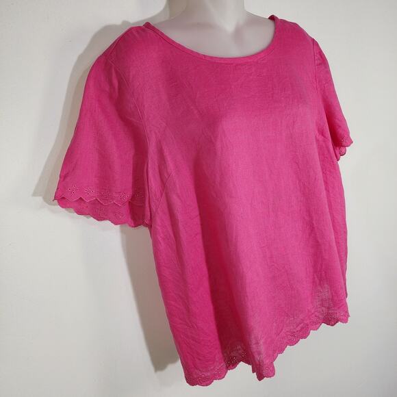 J Crew Womens Top Size 14 Linen Short Sleeve Tulip Back Scalloped Eyelet Pink - Picture 3 of 9
